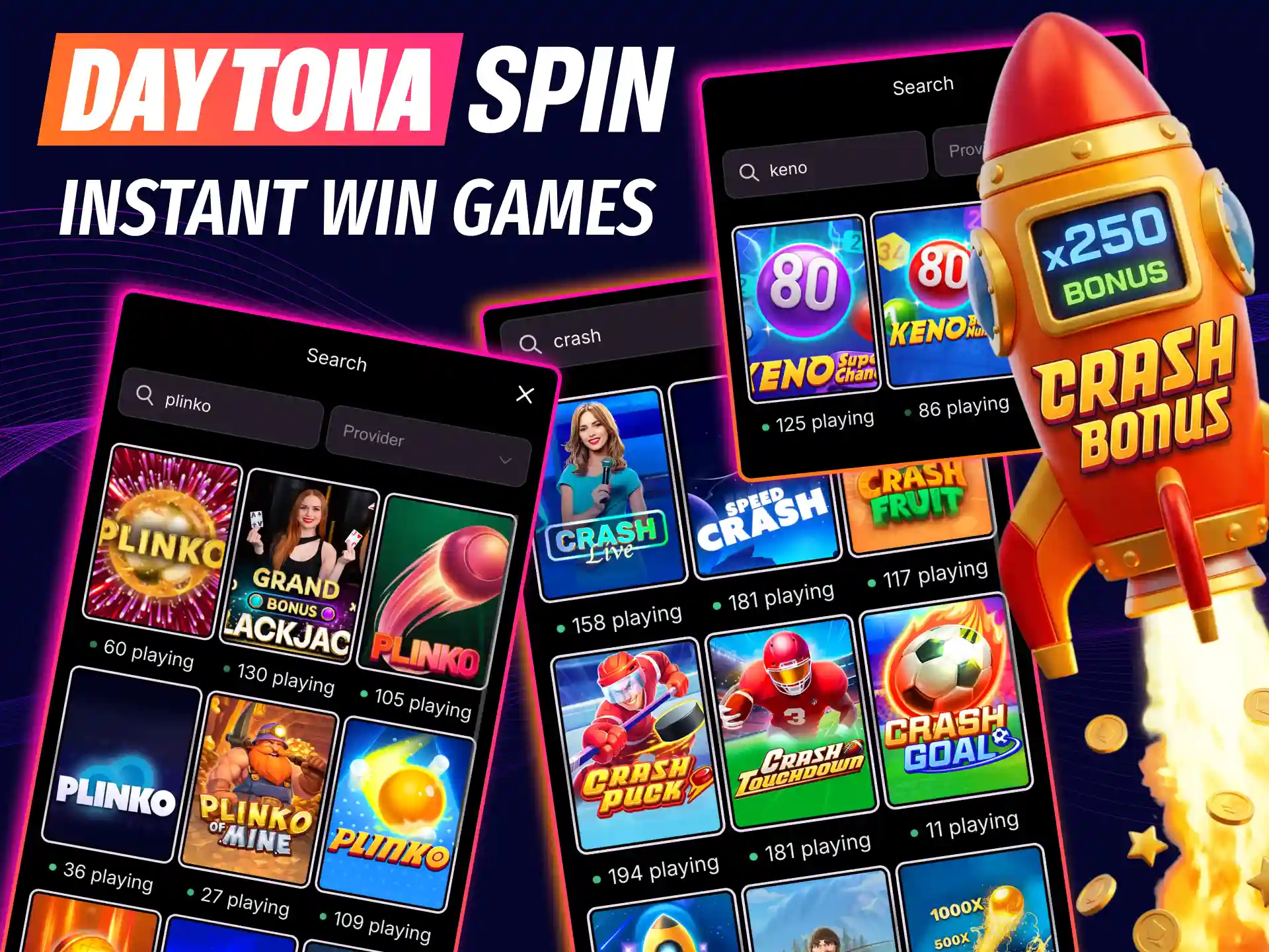 Daytona Spin instant win titles with scratch cards, keno and fast results.