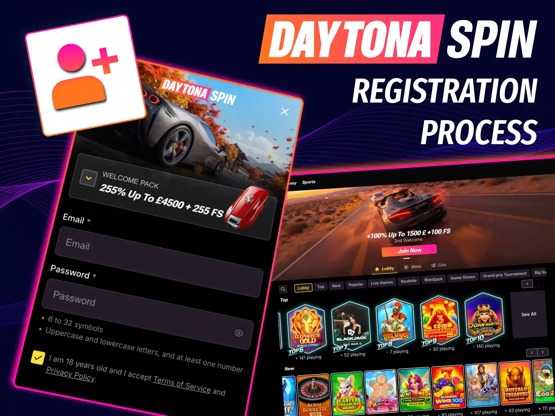 Daytona Spin sign up takes minutes and unlocks sports, casino and promotions.