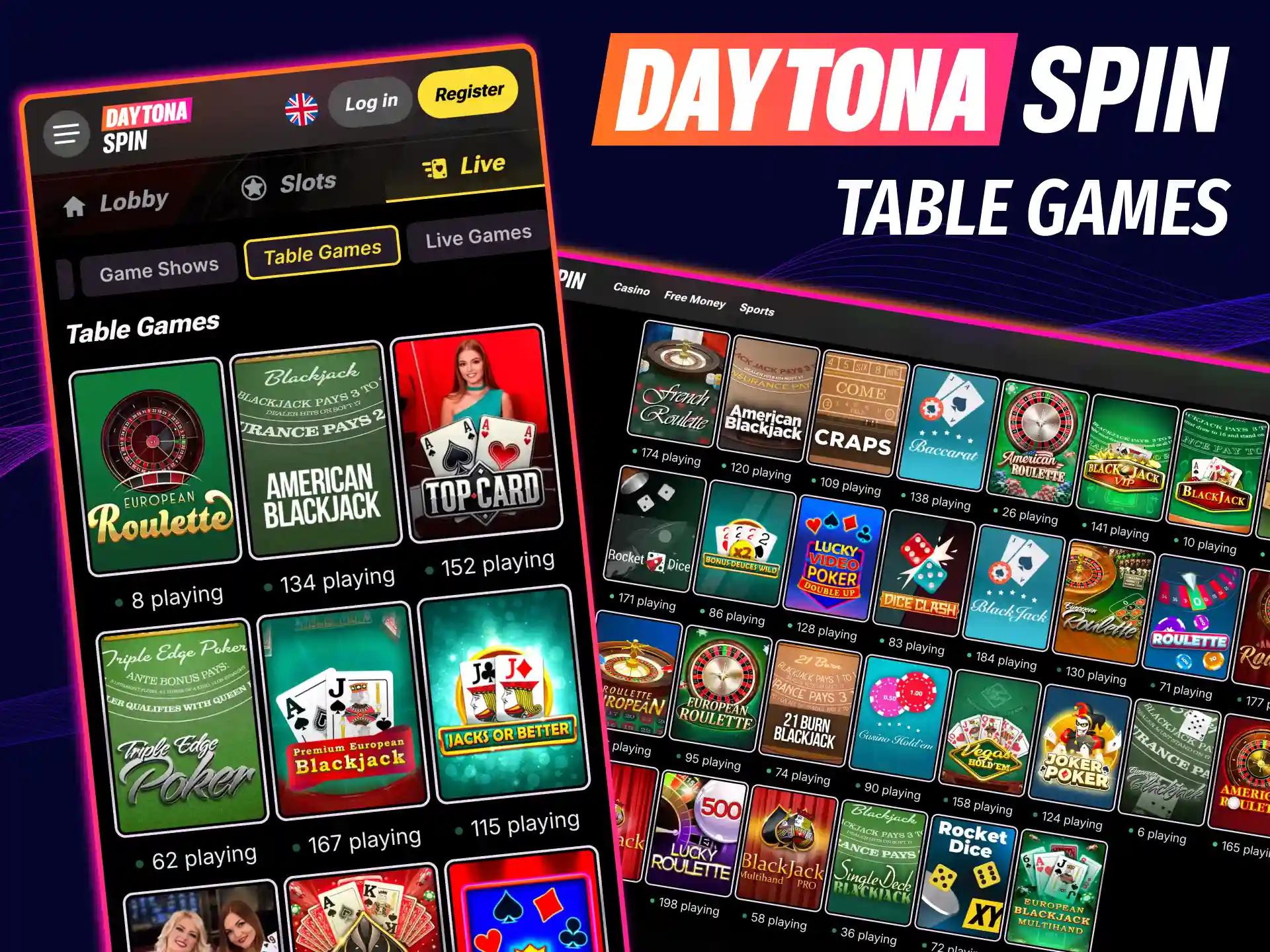 Daytona Spin selection of classic table games with controlled gameplay rhythm.