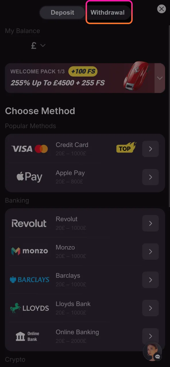 Open Daytona Spin cashier and switch to the withdrawal tab.